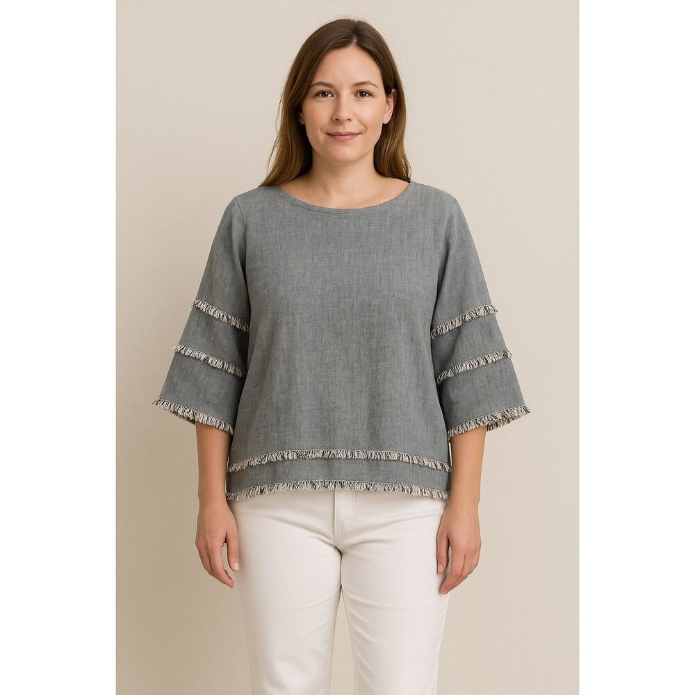 C&C California Merled Gray Popover Top Shirt Fringe Trim Boxy Casual 1X Cotton